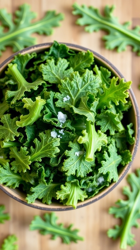 A bowl of crispy kale chips with a sprinkle of salt on a wooden table.